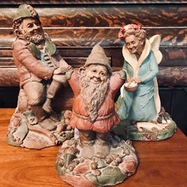 Tom Clarke Gnomes. 1985. All signed. Two large ones in the back are $65 each. Small dwarf up front is $34.