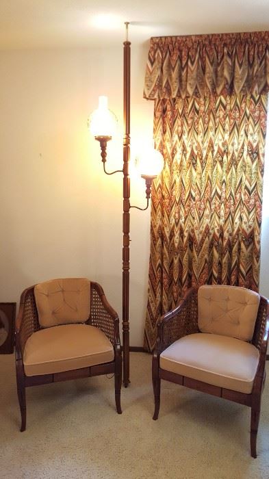 1960s floor lamp & pair of tufted back cane chairs