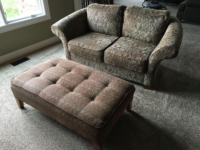 Loveseat and ottoman in greens and brown