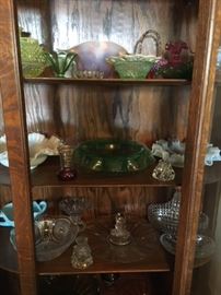 Interior oak china cabinet, collectible glass Some glass pieces still available