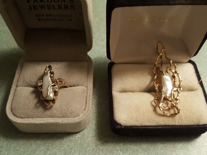 Tennessee Pearls Set in Gold. Ring on left, Pendant on right.