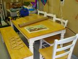 Eagle Ridge Inc. white breakfast table with 4 chairs and a bench.