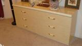 • White laminate dresser with round mirror
• While laminate night stand