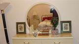 • White laminate dresser with round mirror
• While laminate night stand