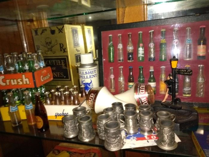 Bar Novelty Gifts ,Vintage Mini Soda Bottles, Vintage Lady Bourbon Street Ashtray, Mini Steins, Bullshit Repellent Spray