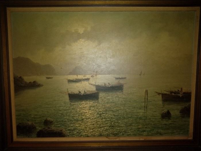 Vintage Fishing Boats at Sea Oil Painting Signed