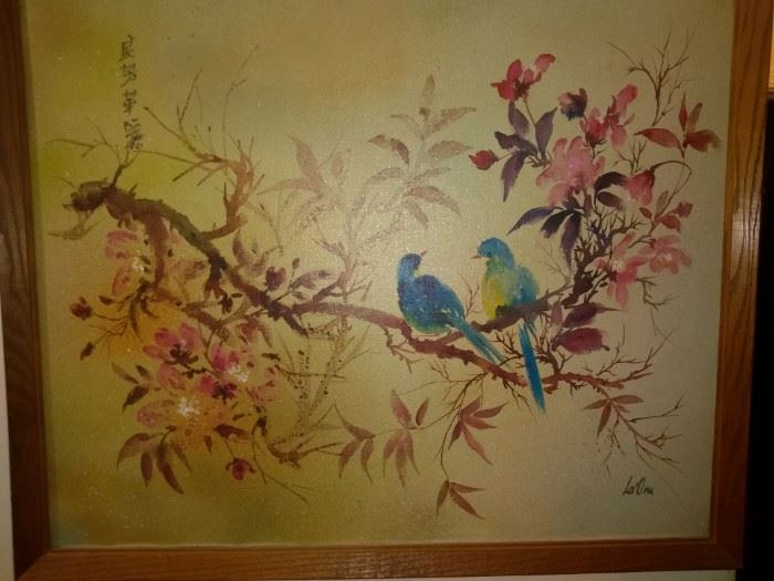 Vintage Asian Artwork Painting 2 Birds in Tree