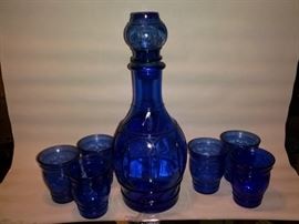 Mid Century Blue Decanter and 6 Glasses