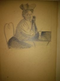 Vintage Sketch Artwork Woman Sitting At A Table Lonely  Artwork By F Carlton