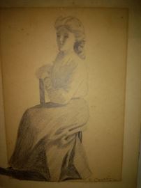Vintage Sketch Artwork Woman  Sitting in a Chair   Artwork By F Carlton