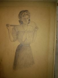 Vintage Sketch Artwork Woman Playing Tennis  Artwork By F Carlton