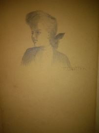 Vintage Sketch Woman Bust  Artwork By F Carlton