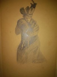 Vintage Sketch Artwork Woman in a Mink Coat  Artwork By F Carlton