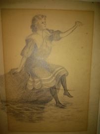 Vintage Sketch Artwork Woman Sitting on a Rock  Artwork By F Carlton