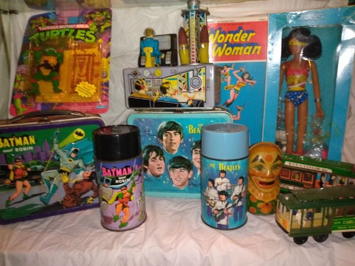 Vintage Beatles Lunchbox, Vintage Batman Lunchbox, Vintage Wonder Woman (Super Rare) Space Command Tin Toys , Unpunched Teenage Mutant Ninja Turtles Toys, Tin Banks, Tin Trollie Cars