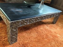 Mid Century Modern coffee table and great orange shag area rug