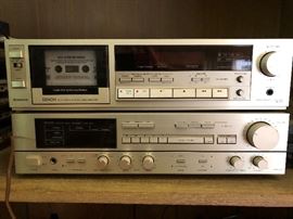 Vintage stereo and receiver, also speakers and a wooden turntable!  