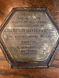 Champion, Davies and Company, Bristol, England, tin sweets urns. This is inside the lid of the two metal canopic jars. 19th century 