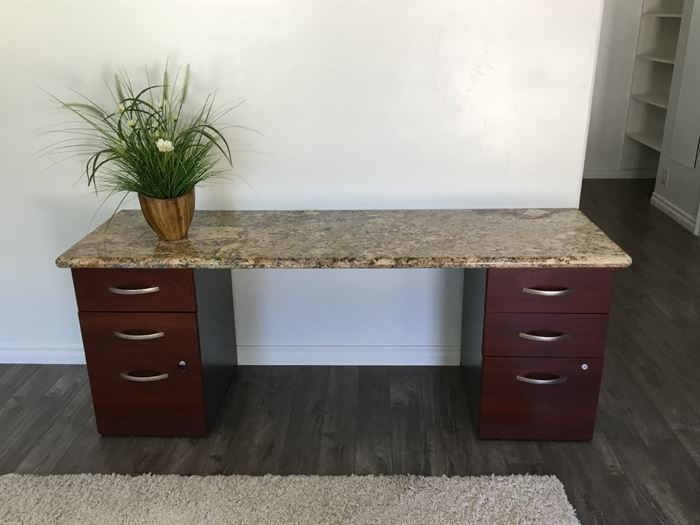 Custom made desk with granite slab top and two wooden files