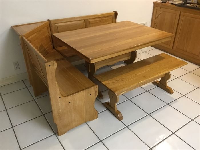 This is a very nice and well made breakfast nook. Solid, heavy wood.