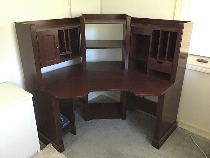 Home office corner desk with built in storage and hutch