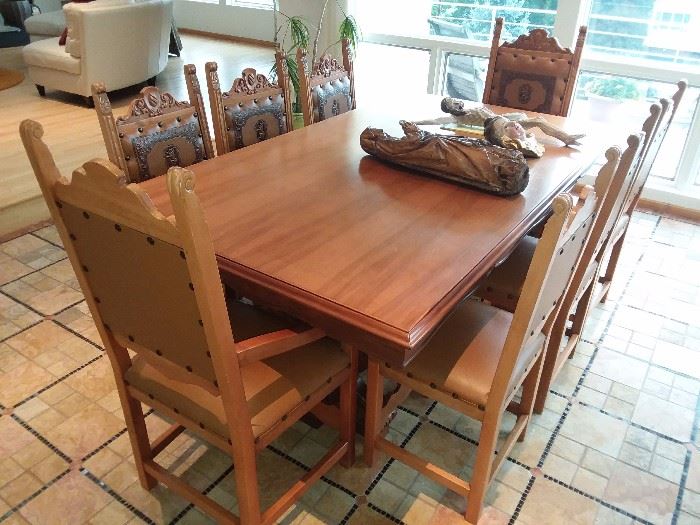 Carved Medieval Style Dining Room Table With 6 Chairs (2 Have Side Arms)