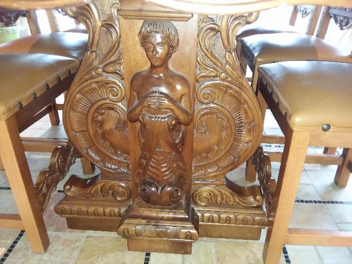 Carved Medieval Style Dining Room Table With 6 Chairs (2 Have Side Arms)