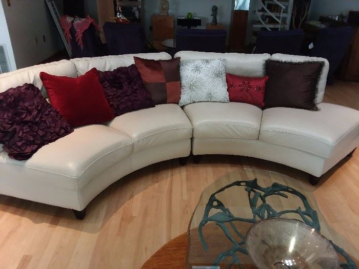 2 Piece Curved Leather Sofa & Decorative Designer Pillows