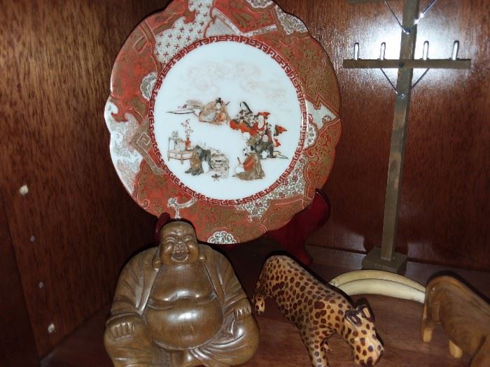 Asian Handpainted Plate & Hand Carved Wooden Buddha Figurine
