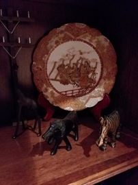 Asian Handpainted Plate & Hand Carved Wooden Animal Figurines (Africa)