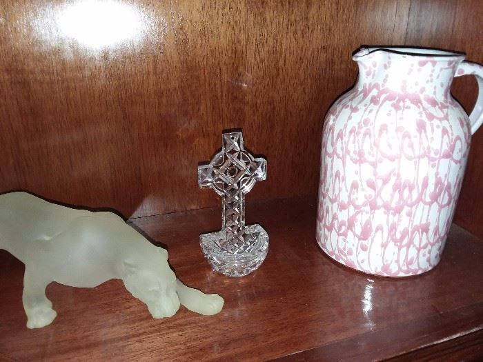 Fog Glass Crystal Lion Figurine, Waterford Crystal Holy Water Holder Wall Hanging, & Hallstadtt Pottery Pitcher (Austria)