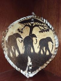 Hand Made Hide African Shield With Elephant Scene