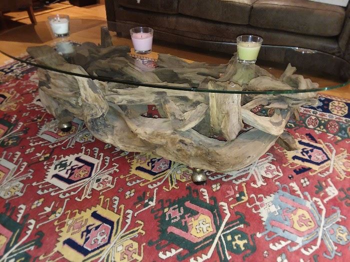 Driftwood Coffee Table With Glass Top