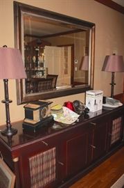 Credenza, Over-Sized Rectagular Mirror with Pair pf Lamps and Clock