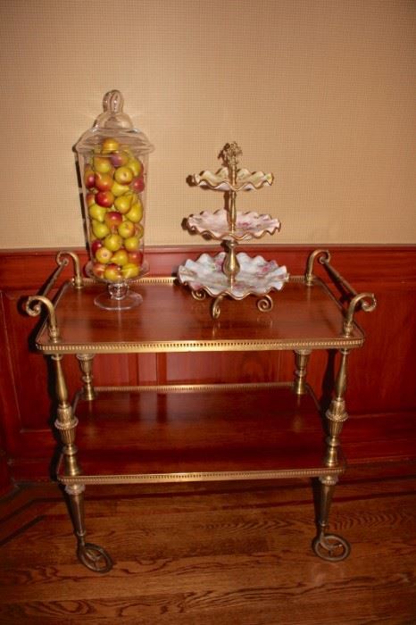 Lovely Brass and Glass Tea Cart with Candy Dish and Apothecary Jar