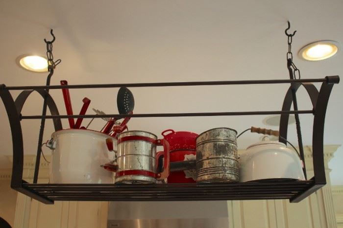 Hanging Pot Rack and Vintage Tin and Metal Kitchen Items