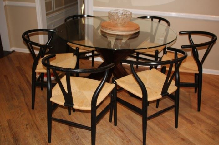 Mid-Century Modern Round Glass Table and 6 Wegner Chairs