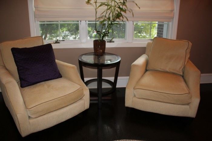 Pair of Upholstered Easy Chairs with Round Occasional Table and Potted Plant