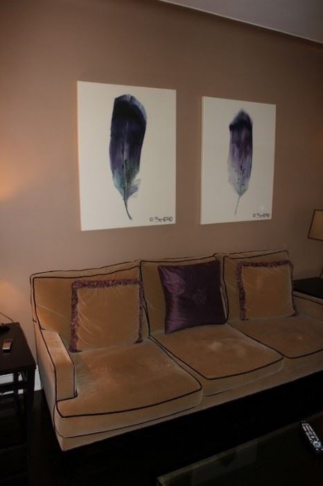 Sofa, Accent Pillows and Pair of Art