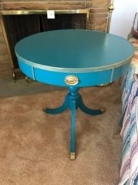 Turquoise drum table with drawer