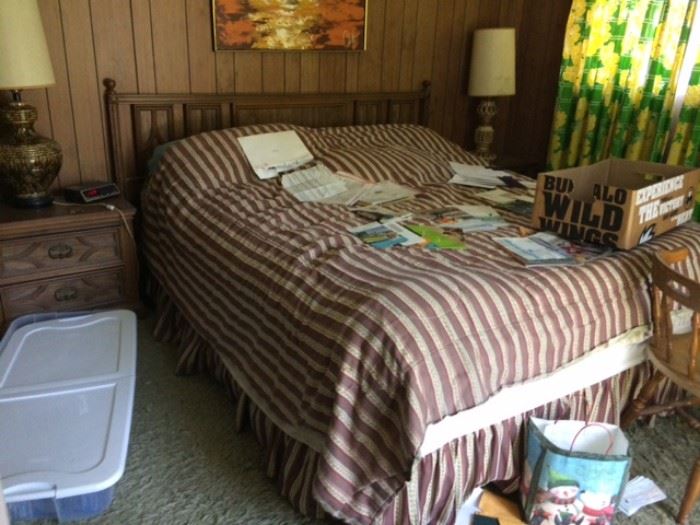 King size bed, mattress, linens, table lamps, side/night tables, artwork, vintage drapery, vintage chairs and tables