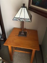 wooden side table; lamp