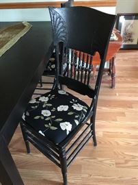Black chairs, 2 with floral print seat