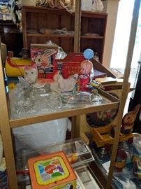 Early Fisher Price pull toy, Glass candy holders, plastic dog and cat.