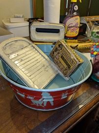 Vintage wash tub, scrubbing board and doll clothes pins in original box