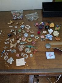 Rhinestone, Bakelite, Japan pins and earrings