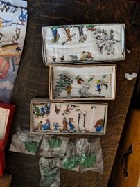 Vintage flat lead figures.  Winter scene including snowman and farm scene.  Also misc. trees.