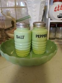 Jadeite serving bowl and salt & pepper shakers