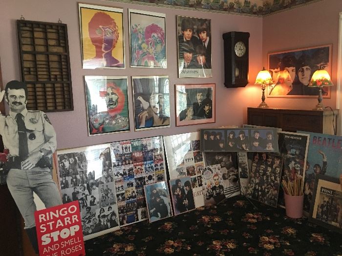 Numerous Beatles posters. They were big fans of Ringo Starr so there are a few additional collectibles of him. Love the  psychedelic Beatles items & the life size cardboard Ringo. 