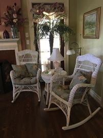 Rattan or wicker rocking chairs & side table